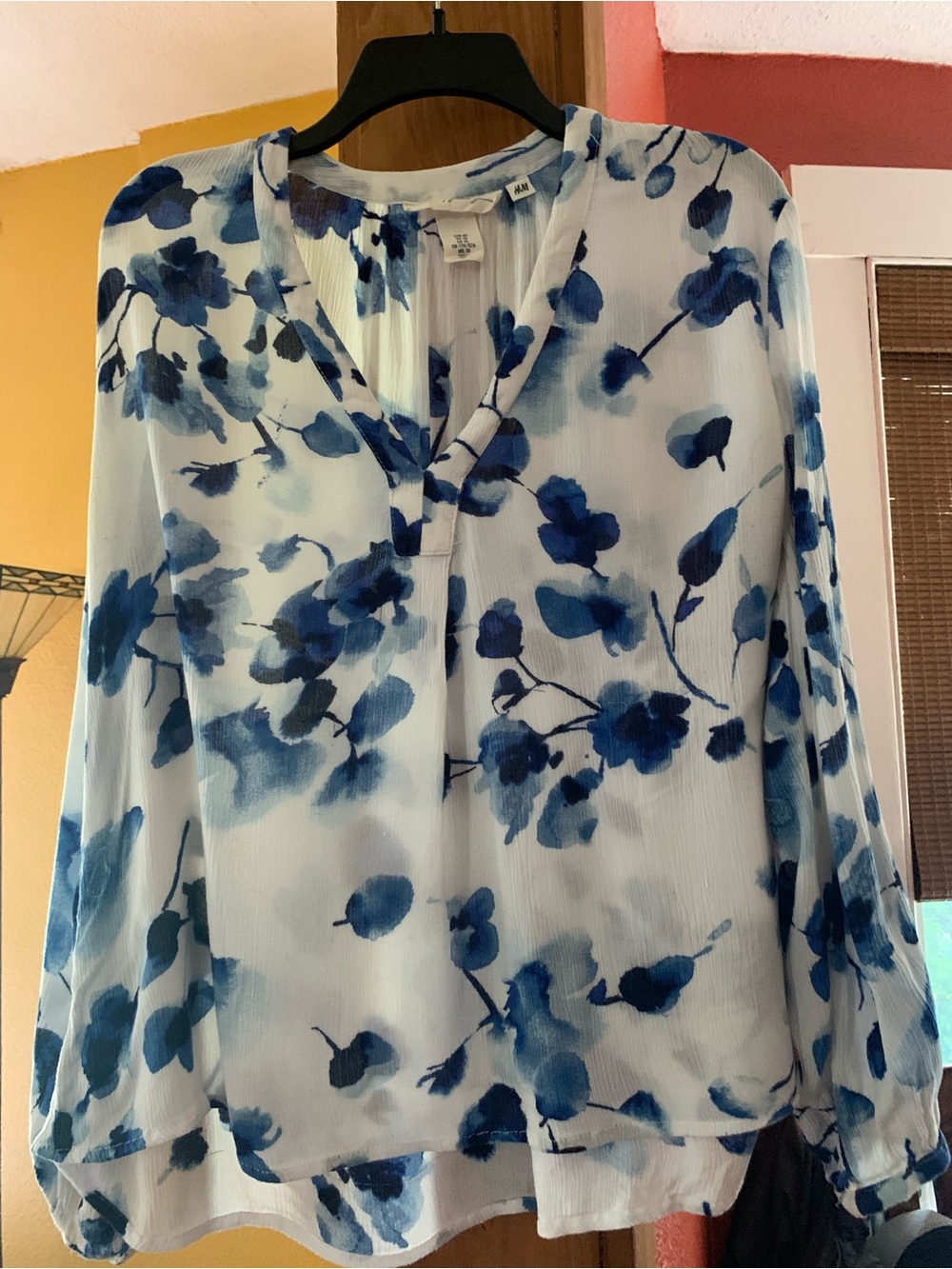 H&M White Blouse with Blue Watercolor Floral Print